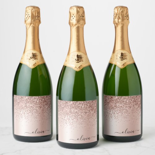 Rose Gold _ Blush Pink Glitter Metal Monogram Name Sparkling Wine Label