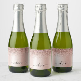 Rose Gold - Blush Pink Glitter Metal Monogram Name Sparkling Wine Label