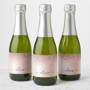 Rose Gold - Blush Pink Glitter Metal Monogram Name Sparkling Wine Label