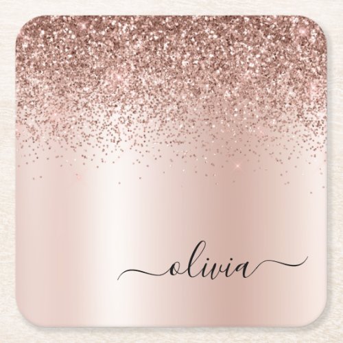 Rose Gold _ Blush Pink Glitter Metal Monogram Name Square Paper Coaster