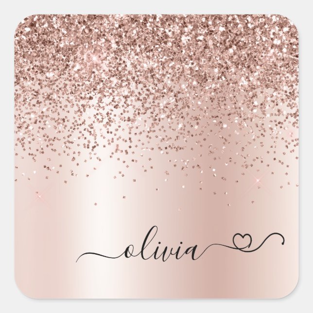 Rose Gold - Blush Pink Glitter Metal Monogram Name Square Sticker (Front)