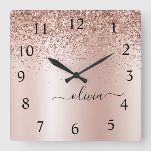Rose Gold _ Blush Pink Glitter Metal Monogram Name Square Wall Clock
