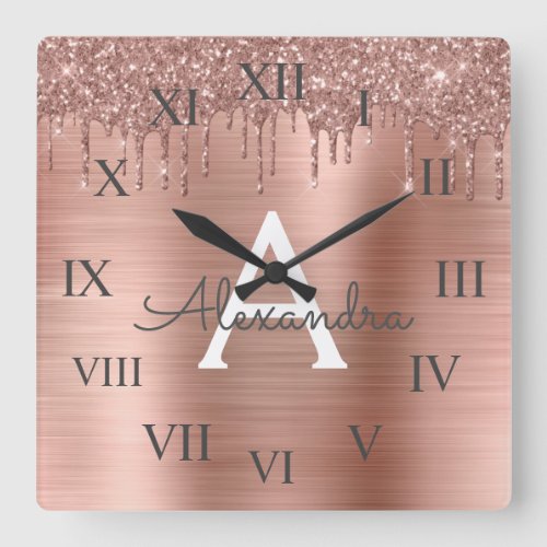 Rose Gold _ Blush Pink Glitter Metal Monogram Name Square Wall Clock