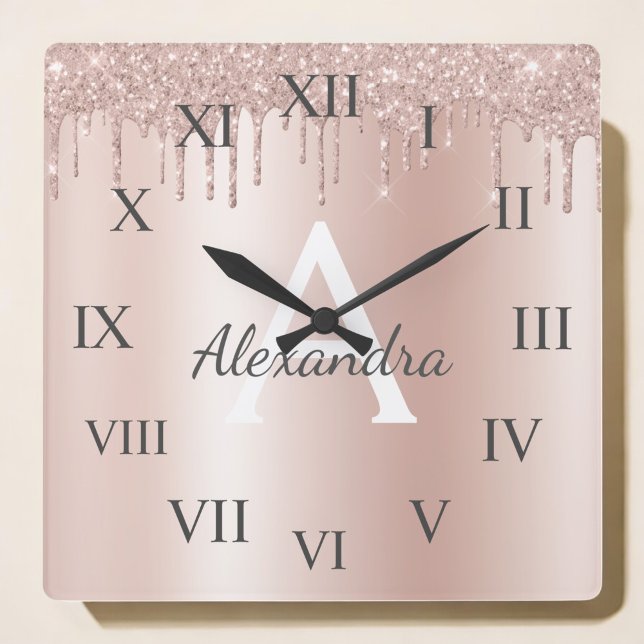Rose Gold - Blush Pink Glitter Metal Monogram Name Square Wall Clock (Creator Uploaded)