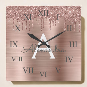 Rose Gold - Blush Pink Glitter Metal Monogram Name Square Wall Clock