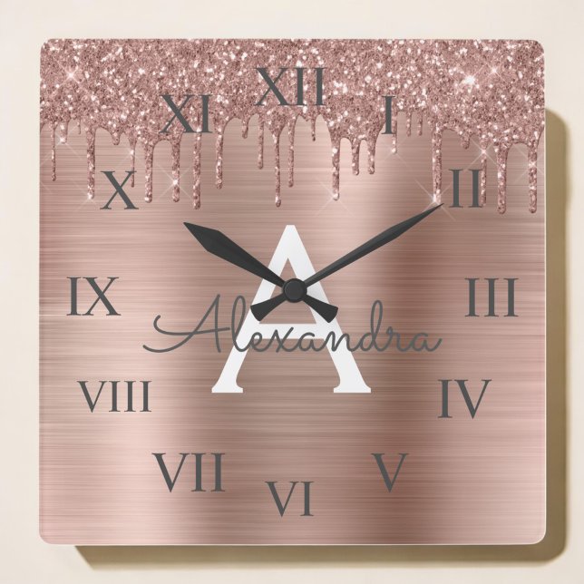 Rose Gold - Blush Pink Glitter Metal Monogram Name Square Wall Clock (Creator Uploaded)