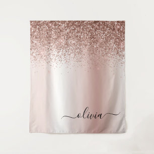 Rose Gold - Blush Pink Glitter Metal Monogram Name Tapestry
