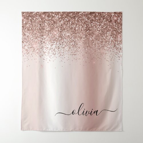 Rose Gold _ Blush Pink Glitter Metal Monogram Name Tapestry