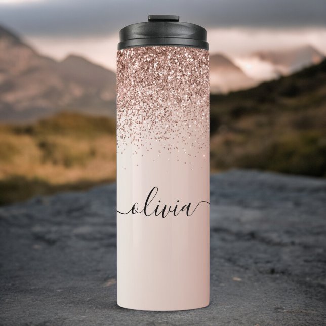 Rose Gold - Blush Pink Glitter Metal Monogram Name Thermal Tumbler (Creator Uploaded)