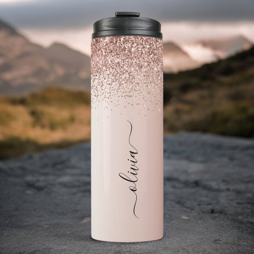 Rose Gold _ Blush Pink Glitter Metal Monogram Name Thermal Tumbler