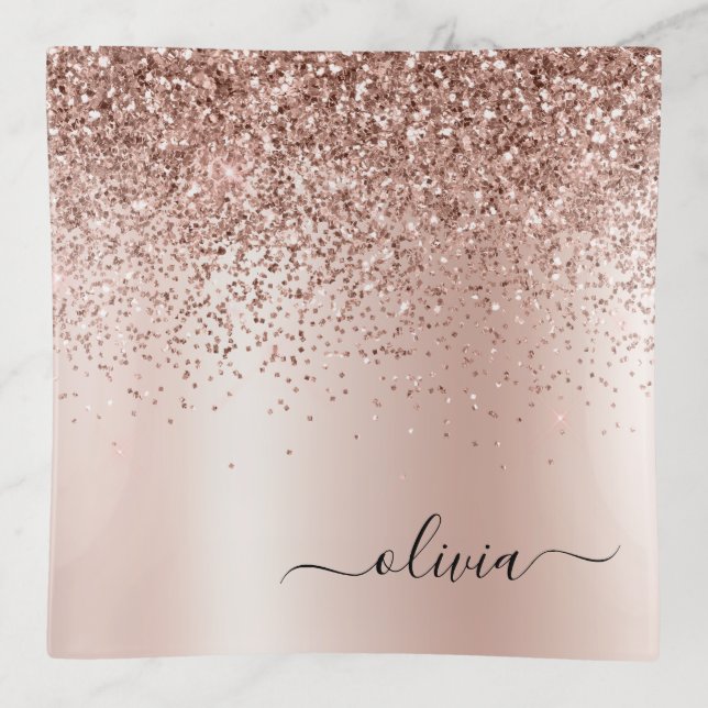 Rose Gold - Blush Pink Glitter Metal Monogram Name Trinket Tray (Front)