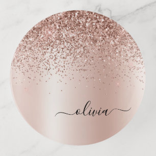 Rose Gold - Blush Pink Glitter Metal Monogram Name Trinket Tray