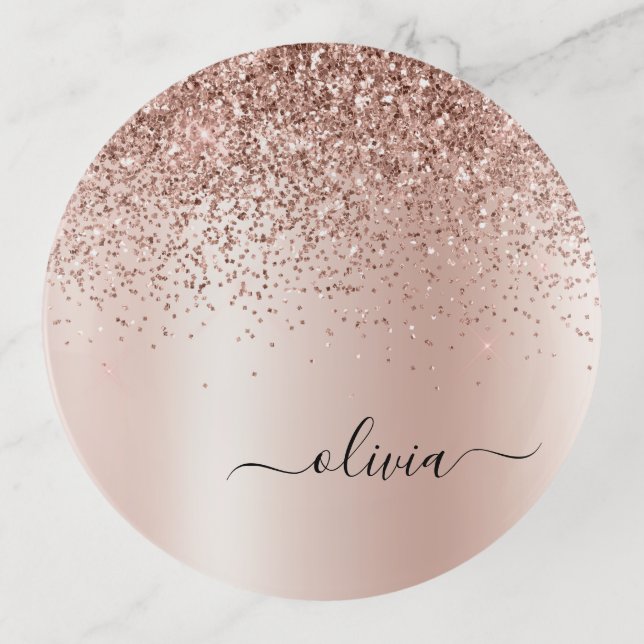 Rose Gold - Blush Pink Glitter Metal Monogram Name Trinket Tray (Front)