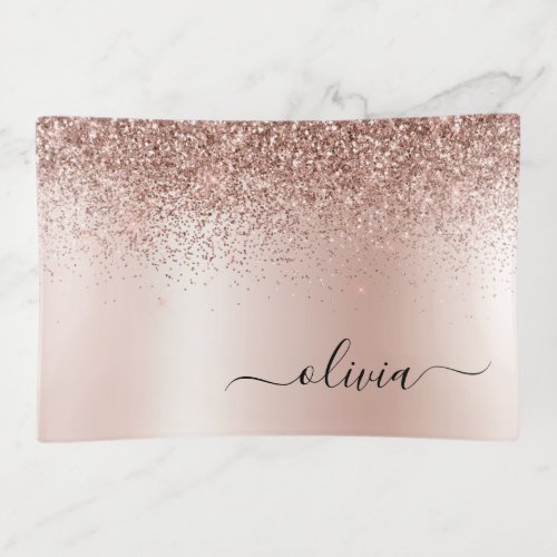 Rose Gold _ Blush Pink Glitter Metal Monogram Name Trinket Tray
