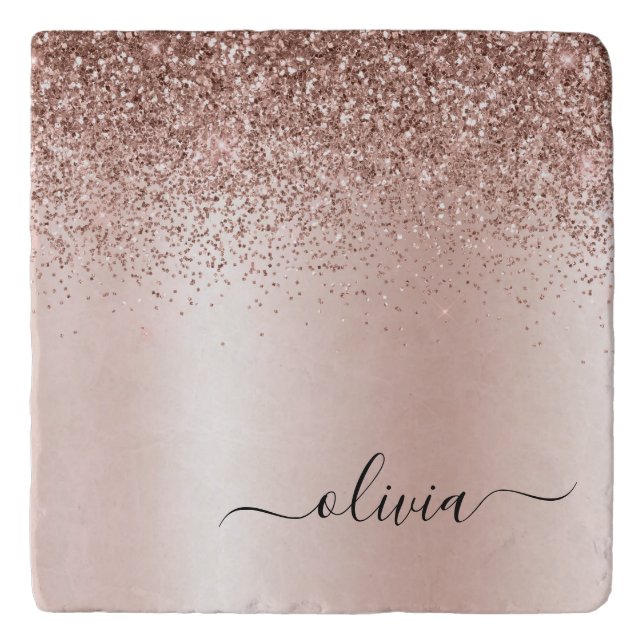 Rose Gold - Blush Pink Glitter Metal Monogram Name Trivet (Front)