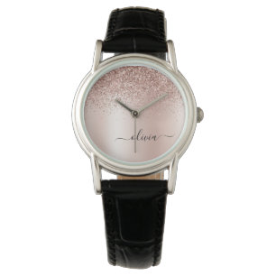Rose Gold - Blush Pink Glitter Metal Monogram Name Watch