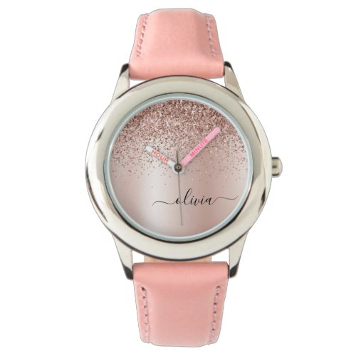Rose Gold - Blush Pink Glitter Metal Monogram Name Watch
