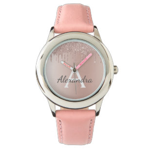 Rose Gold - Blush Pink Glitter Metal Monogram Name Watch