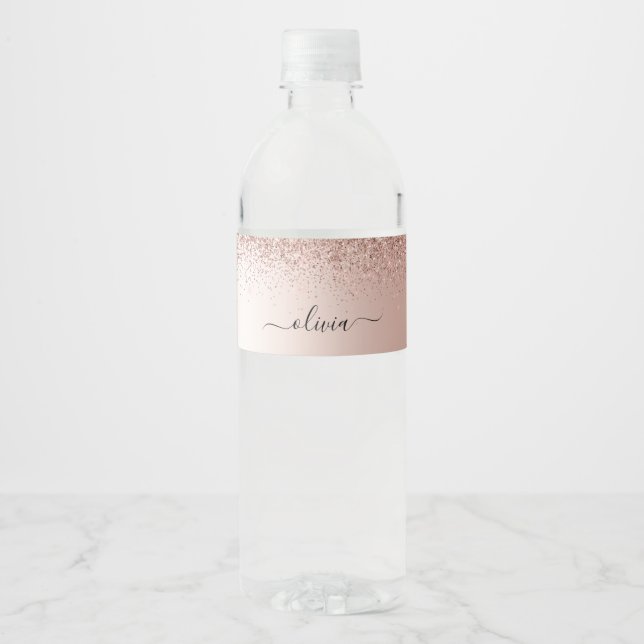 Rose Gold - Blush Pink Glitter Metal Monogram Name Water Bottle Label (Front)