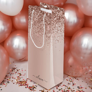 Rose Gold - Blush Pink Glitter Metal Monogram Name Wine Gift Bag