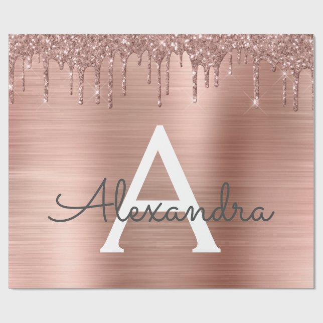 Rose Gold - Blush Pink Glitter Metal Monogram Name Wrapping Paper (Flat)