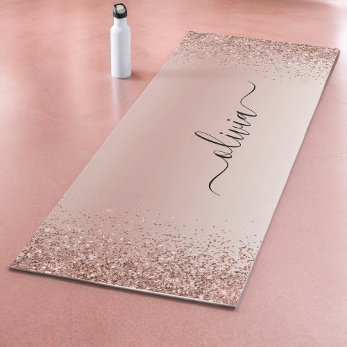 Rose Gold _ Blush Pink Glitter Metal Monogram Name Yoga Mat