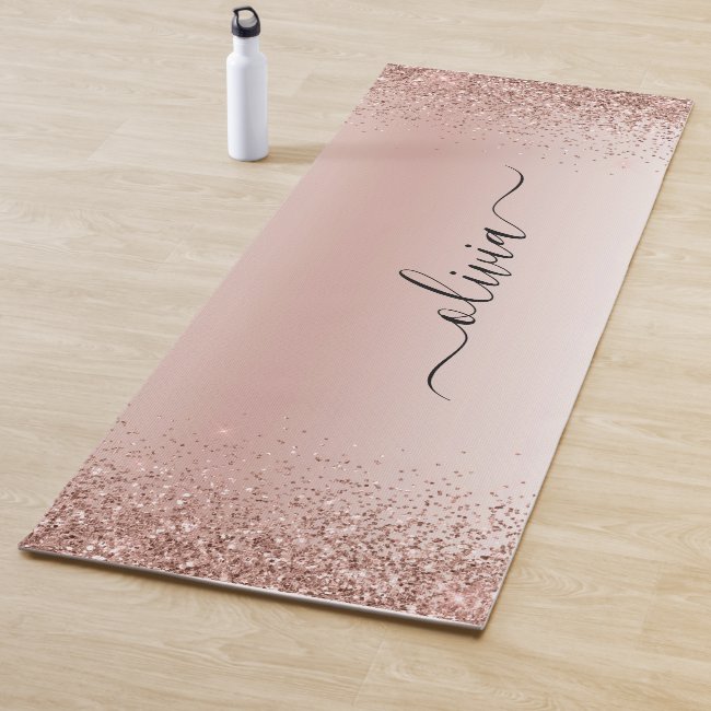 Rose Gold - Blush Pink Glitter Metal Monogram Name Yoga Mat