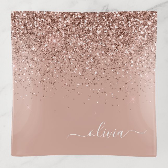Rose Gold Blush Pink Glitter Modern Monogram Name Trinket Tray (Front)