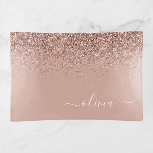 Rose Gold Blush Pink Glitter Modern Monogram Name Trinket Tray