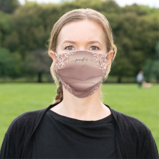 Rose Gold - Blush Pink Glitter Monogram Adult Cloth Face Mask (Outside)