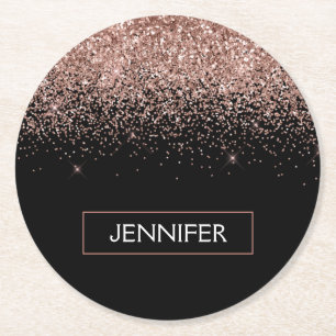 Rose Gold Blush Pink Glitter Monogram Girly Round Paper Coaster
