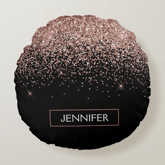 Rose Gold Blush Pink Glitter Monogram Girly Round Pillow (Front)