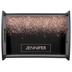 Rose Gold Blush Pink Glitter Monogram Girly Serving Tray