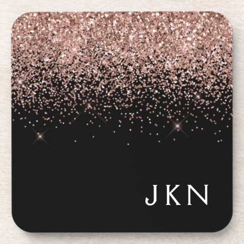 Rose Gold Blush Pink Glitter Monogram Initials Beverage Coaster