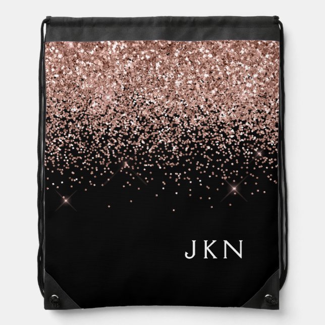 Rose Gold Blush Pink Glitter Monogram Initials Drawstring Bag (Front)