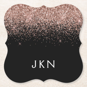 Rose Gold Blush Pink Glitter Monogram Initials Paper Coaster