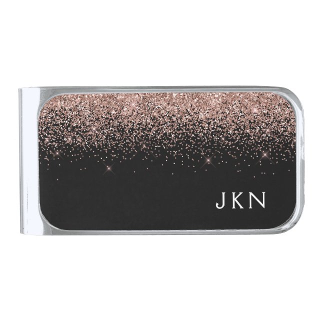Rose Gold Blush Pink Glitter Monogram Initials Silver Finish Money Clip (Front)