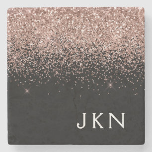 Rose Gold Blush Pink Glitter Monogram Initials Stone Coaster