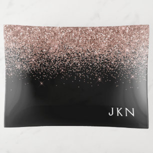 Rose Gold Blush Pink Glitter Monogram Initials Trinket Tray