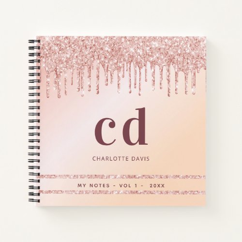 Rose gold blush pink glitter monogram modern notebook