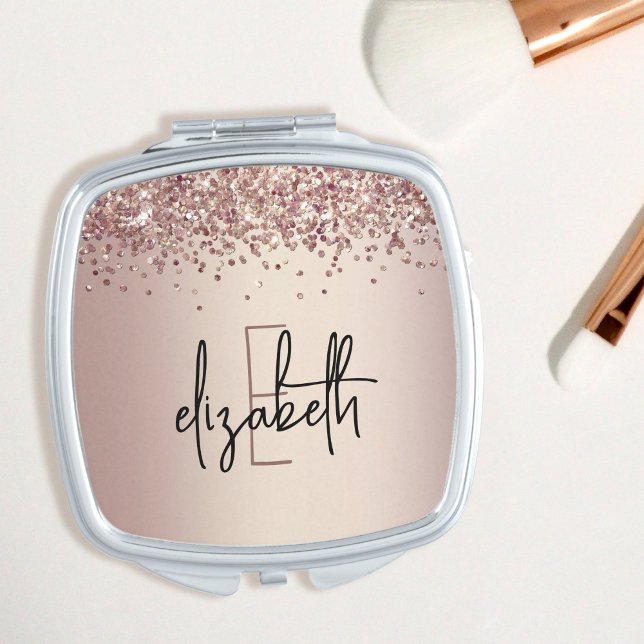 Rose Gold Blush Pink Glitter Monogram Name Compact Mirror (Creator Uploaded)