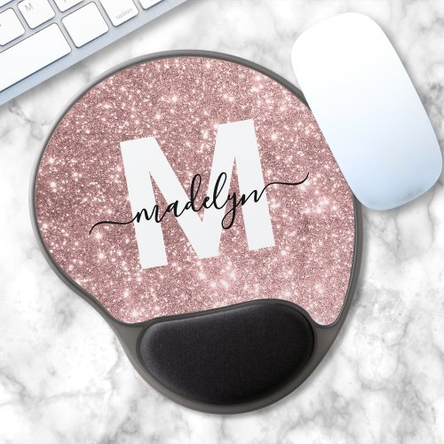 Rose Gold Blush Pink Glitter Monogram Name Gel Mouse Pad