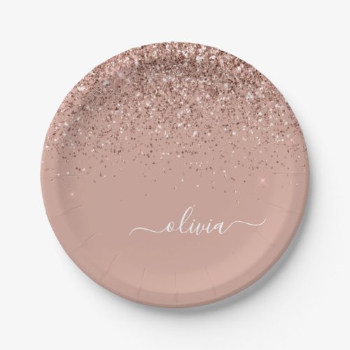 Rose Gold _ Blush Pink Glitter Monogram Name Paper Plates