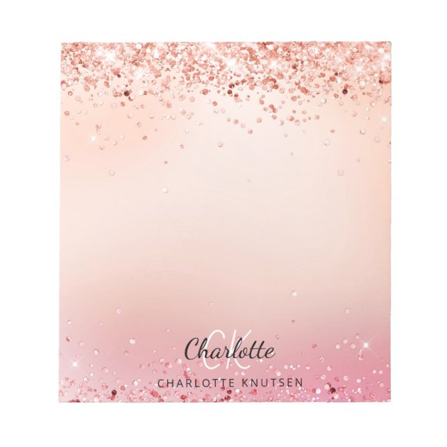 Rose gold blush pink glitter monogram notepad (Front)