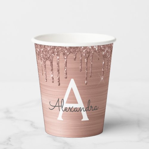 Rose Gold Blush Pink Glitter Monogram Paper Cups