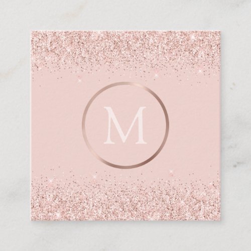 Rose Gold Blush Pink Glitter Monogram Square Business Card