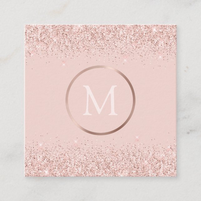 Rose Gold Blush Pink Glitter Monogram Square Business Card (Front)