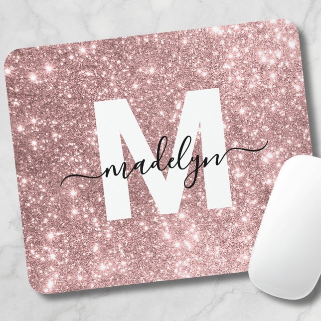 Rose Gold Blush Pink Glitter Name Monogram Mouse Pad (Rose Gold Blush Pink Flitter Name Monogram Mouse Pad)
