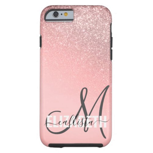 Rose Gold Blush Pink Glitter Ombre Monogram Tough iPhone 6 Case