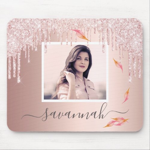 Rose gold blush pink glitter photo name mouse pad